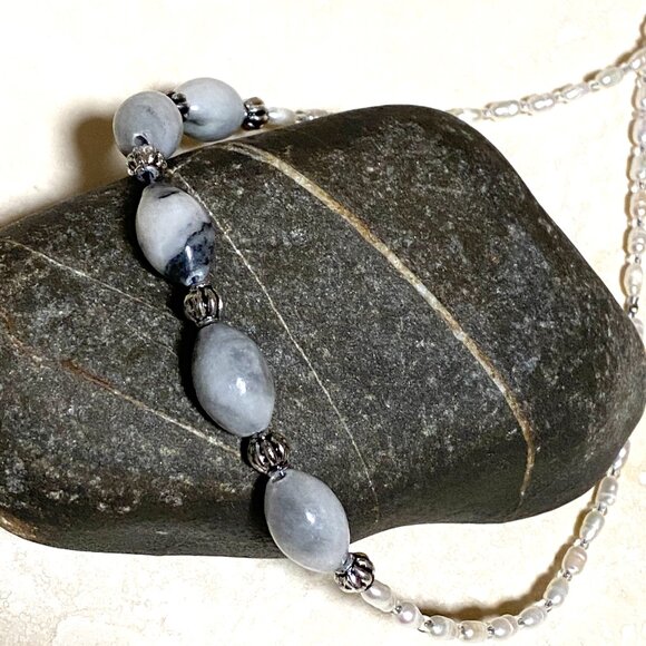 Genuine Grey Anhydrite & White Freshwater Pearl Bib Necklace, Natural Gemstone - Picture 4 of 11